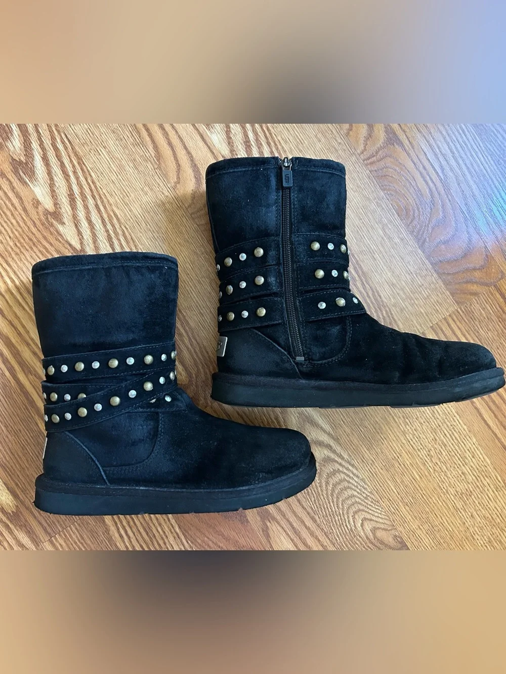 UGG black suede, shearling fur, studded, mid-calf boots